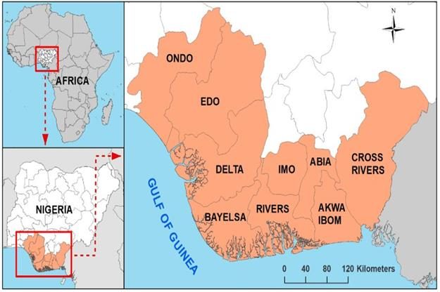 Map of the Niger Delta states along the Gulf of Guinea, including Delta State